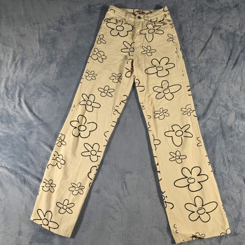 Bailey Rose Pants Womens XS Cream Black Floral Print Straight Leg Y2K